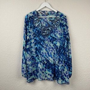 Cache Womens Blue Floral Embelished Boho Cinch Waist Peasant Blouse XL
